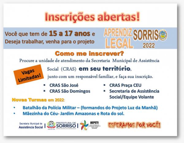 Sorriso: Projeto Aprendiz Sorriso Legal abre inscrições para a edição 2022