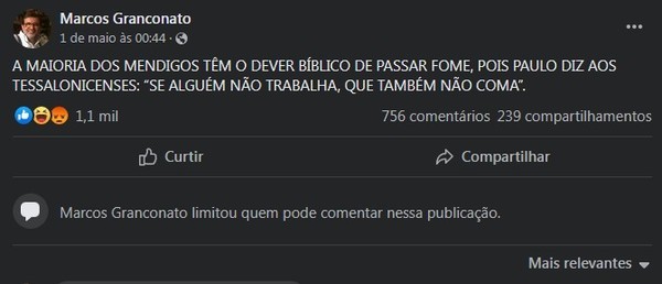 Mendigos têm o dever cívico de passar fome, diz pastor nas redes sociais