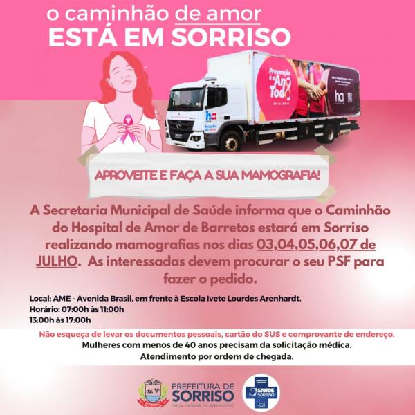 Caminhão do Hospital do Amor estará em Sorriso entre 3 a 7 de julho